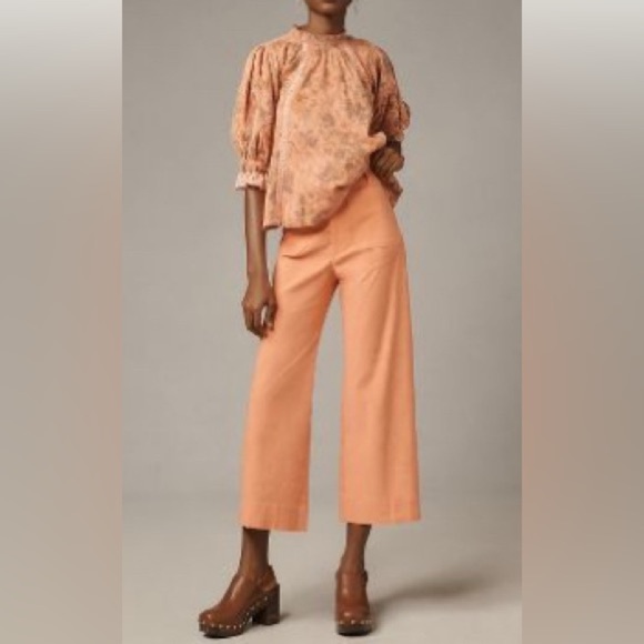 Anthro Maeve The Colette Cropped Linen Blend Wide-Leg Pants Bright Orange 31P